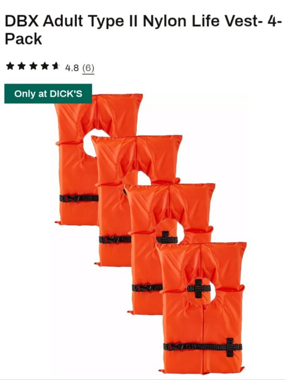 DBX Adult Type II Nylon Life Vest - Orange (4-Pack)